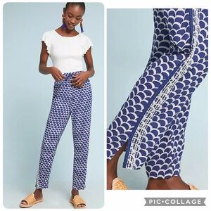 LP large petite Anthropologie beaded jogger pants lightweight blue white scallop